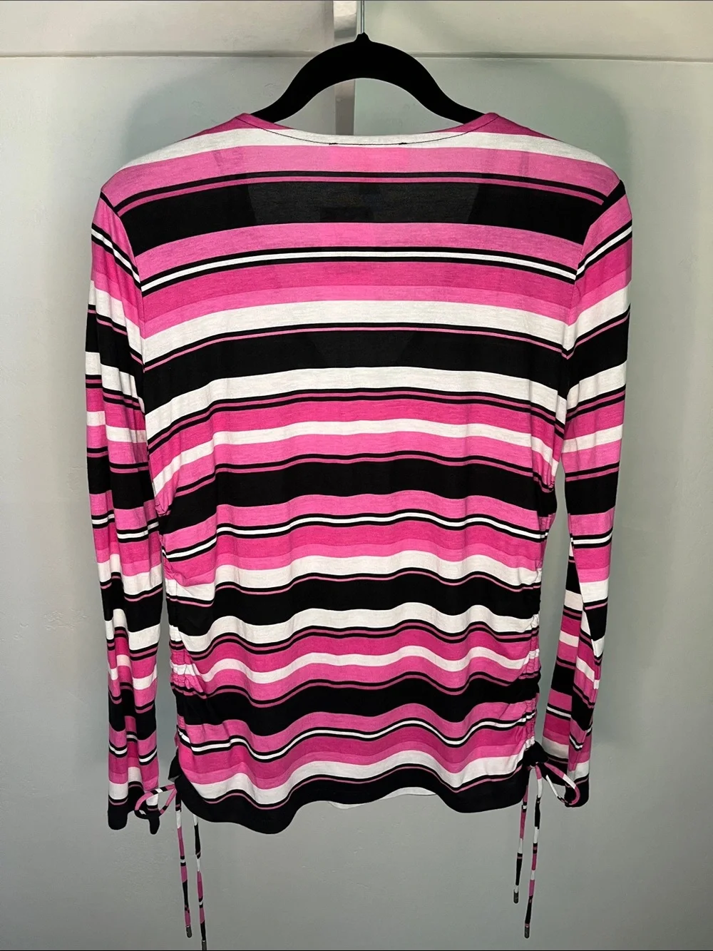 Michael Kors Pink, Black & White Striped V-Neck Long Sleeve Top